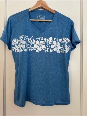 Blue V-Neck Hibiscus Graphic Tee